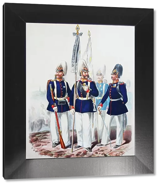 Prussian Army, Prussian Guard, Emperor Franz Guard Grenadier Regiment No. 11, non-commissioned officer, flag non-commissioned officer, officer, army uniform, military, Prussia, Germany, digitally restored reproduction of a 19th century original