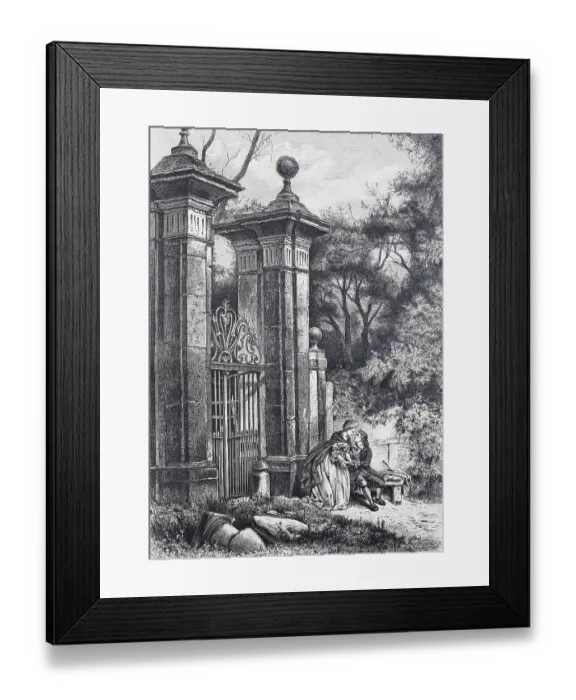 Framed Print : Lovers in front of the gate to a park, sitting on a bench and looking at each other, 1880, France, Historic, digitally restored reproduction of an original 19th-century original Framed Print : Lovers in front of the gate to a park, sitting on a bench and looking at each other, 1880, France, Historic, digitally restored reproduction of an original 19th-century original