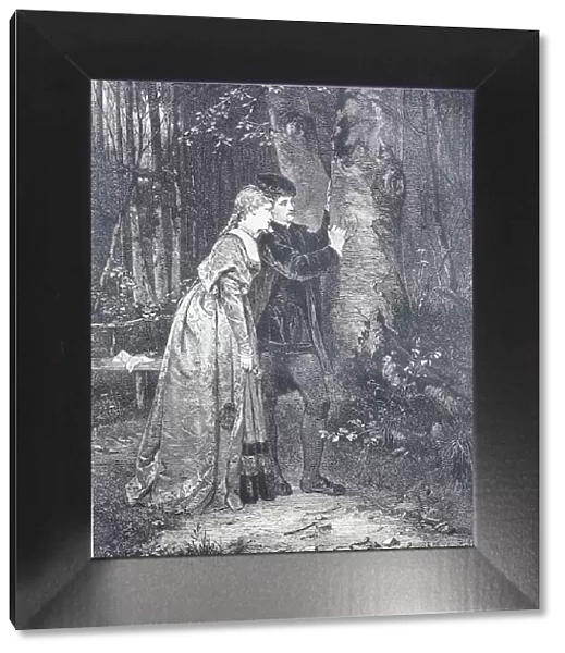 Couple in love in the forest together carving a heart with their initials into a tree trunk, 1878, Germany, Historic, digitally restored reproduction of an original 19th-century original