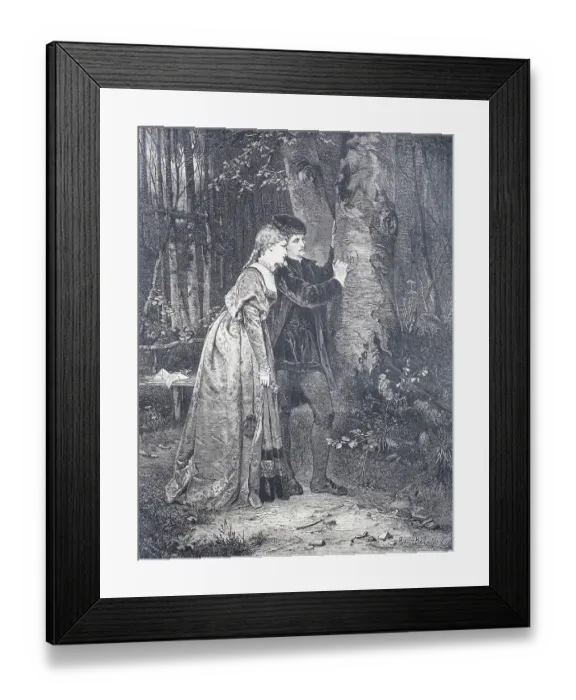 Framed Print : Couple in love in the forest together carving a heart with their initials into a tree trunk, 1878, Germany, Historic, digitally restored reproduction of an original 19th-century original
