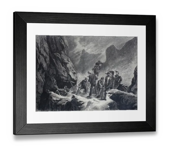 Framed Print : Mountaineer roping out in a chimney, difficult situation in the mountains, 1880, Switzerland, Historic, digitally restored reproduction of an original 19th century painting Framed Print : Mountaineer roping out in a chimney, difficult situation in the mountains, 1880, Switzerland, Historic, digitally restored reproduction of an original 19th century painting