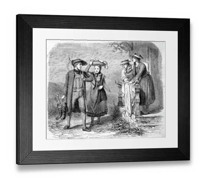Framed Print : Three woman and a man in traditional costumes from Bavaria and Baden in the 19th century, Germany, Historical, digitally restored reproduction of an original 19th-century original Framed Print : Three woman and a man in traditional costumes from Bavaria and Baden in the 19th century, Germany, Historical, digitally restored reproduction of an original 19th-century original