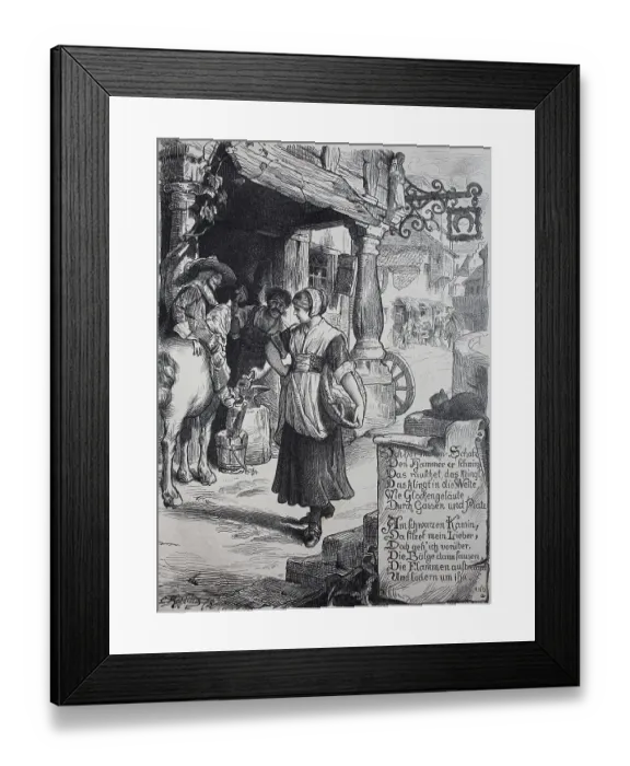 Framed Print : Young woman passing a blacksmith's shop, blacksmith and his customer on horseback looking after the woman, 1881, France, Historic, digitally restored reproduction of an original 19th-century artwork Framed Print : Young woman passing a blacksmith's shop, blacksmith and his customer on horseback looking after the woman, 1881, France, Historic, digitally restored reproduction of an original 19th-century artwork
