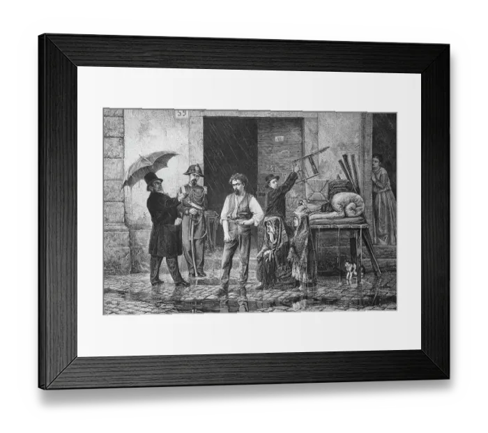 Framed Print : Eviction of a family who can no longer pay their rent and is now standing in the rain from the city of Rome, 1880, Italy, Historic, digitally restored reproduction of an original 19th-century artwork Framed Print : Eviction of a family who can no longer pay their rent and is now standing in the rain from the city of Rome, 1880, Italy, Historic, digitally restored reproduction of an original 19th-century artwork
