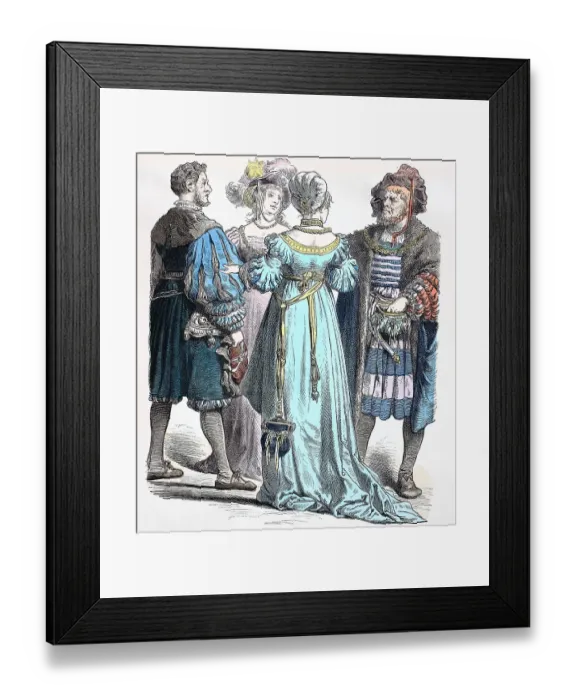 Framed Print : Folk traditional costume, clothing, history of costumes, German bourgeois costume, ca 1525, Germany, historical, digitally restored reproduction of a 19th century original Framed Print : Folk traditional costume, clothing, history of costumes, German bourgeois costume, ca 1525, Germany, historical, digitally restored reproduction of a 19th century original