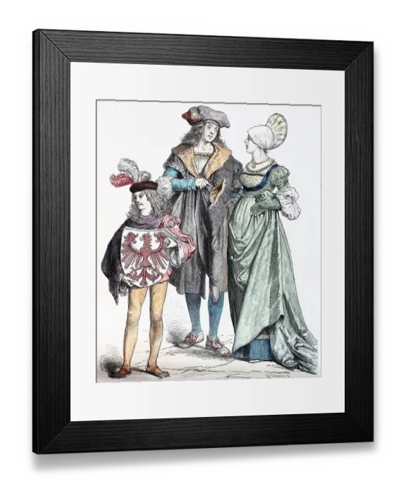 Framed Print : Folk traditional costume, clothing, history of costumes, German bourgeois costume from 1510-1530, Germany, historical, digitally restored reproduction of a 19th century original