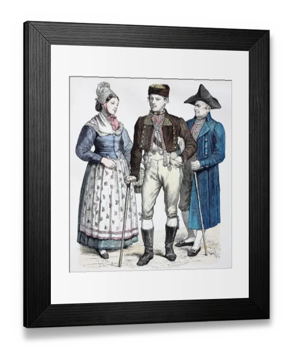 Framed Print : Folk traditional costume, clothing, history of costumes, woman from the Iffezheim area, men from the Tauber area, Baden, Germany, historical, digitally restored reproduction of a 19th century original Framed Print : Folk traditional costume, clothing, history of costumes, woman from the Iffezheim area, men from the Tauber area, Baden, Germany, historical, digitally restored reproduction of a 19th century original