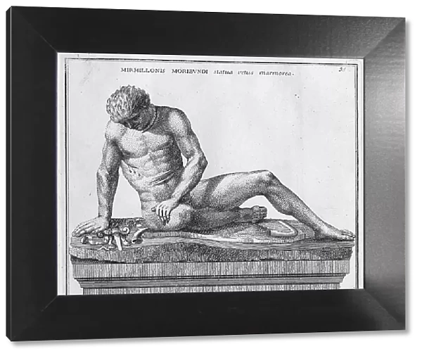 Statue of a wounded Murmillo, myrmillo, mirmillo, mormillo, was a heavily armed Roman gladiator, from the Museum of the Capitol, from Calcografia di Roma, historical Rome, Italy, digital reproduction of an 18th century original