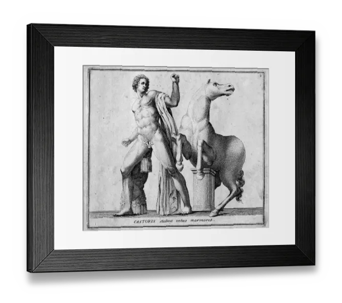 Framed Print : Castor, one of the sons of Zeus, with his horse, after a marble statue in the Piazza di Monte Cavallo, historic Rome, Italy, digital reproduction of an 18th century original, original date not known Framed Print : Castor, one of the sons of Zeus, with his horse, after a marble statue in the Piazza di Monte Cavallo, historic Rome, Italy, digital reproduction of an 18th century original, original date not known