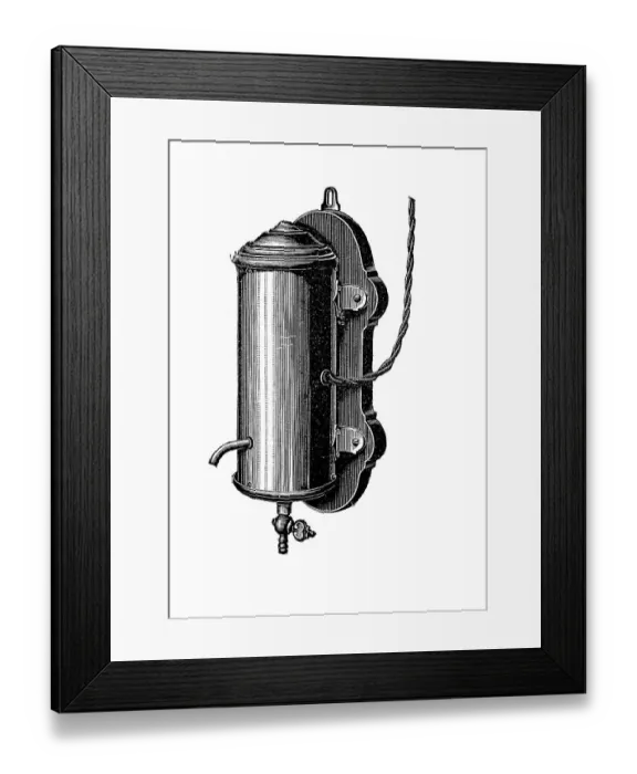 Framed Print : Water heater, Electric apparatus for heating water of the public electricity company, Berlin, Germany, Industrial product from the year 1880, Historic, digitally restored reproduction of an original from the 19th century, exact original date unknown Framed Print : Water heater, Electric apparatus for heating water of the public electricity company, Berlin, Germany, Industrial product from the year 1880, Historic, digitally restored reproduction of an original from the 19th century, exact original date unknown
