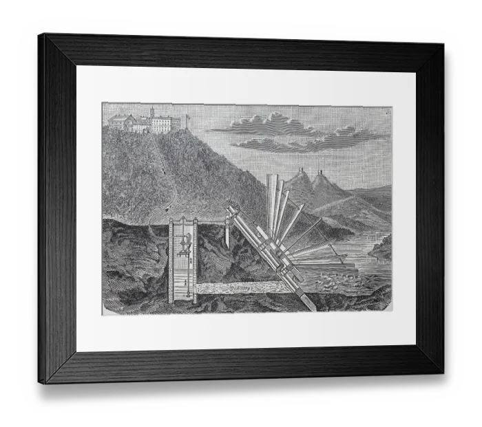 Framed Print : A current generator or current motor on a river, for the water supply of villages on hills, an invention of the company Anton Kunz, Maehr, Weisskirchen, Germany, industrial product from 1880, Historic, digitally restored reproduction of an original