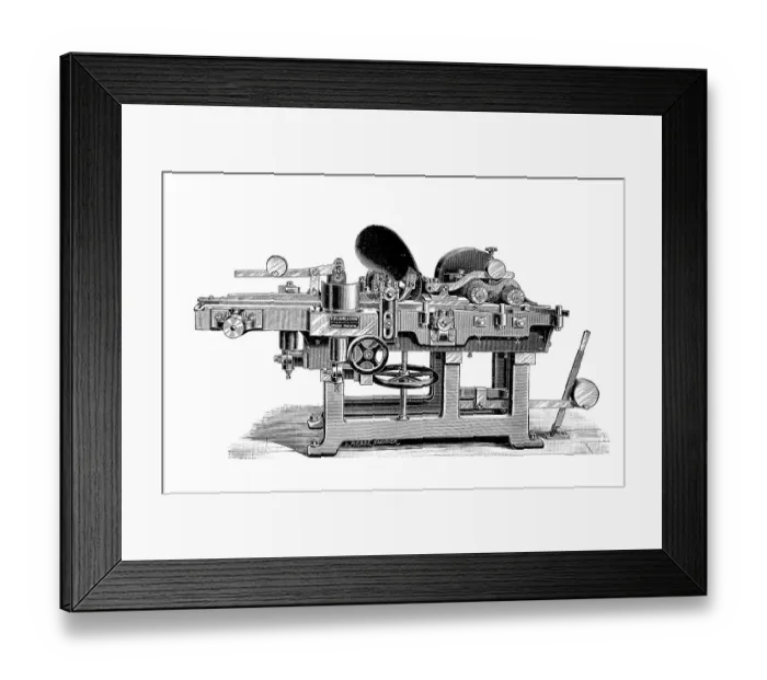 Framed Print : Wood industry, precision moulding machine of the company C. Blumwe & Sohn, Bromberg-Prinzenthal, Poland, machine for wood processing, moulding, planing and cutting, industrial product from the year 1880, Historic Framed Print : Wood industry, precision moulding machine of the company C. Blumwe & Sohn, Bromberg-Prinzenthal, Poland, machine for wood processing, moulding, planing and cutting, industrial product from the year 1880, Historic