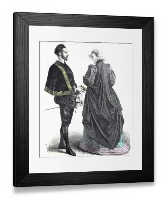 Framed Print : Folk traditional costume, clothing, history of costumes, French court costume, ca 1565-1700, France, Historical, digitally restored reproduction of a 19th century original Framed Print : Folk traditional costume, clothing, history of costumes, French court costume, ca 1565-1700, France, Historical, digitally restored reproduction of a 19th century original