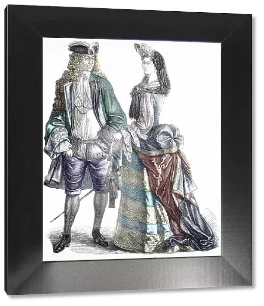 Folk Costume, Clothing, History of Costumes, French Gentleman and Lady, ca 1700-1735, France, Historical, digitally restored reproduction of a 19th century original