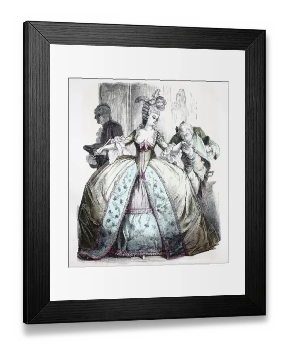 Framed Print : Folk traditional costume, clothing, history of costumes, French lady in hoop skirt, ca 1750-1799, France, Historical, digitally restored reproduction of a 19th century original Framed Print : Folk traditional costume, clothing, history of costumes, French lady in hoop skirt, ca 1750-1799, France, Historical, digitally restored reproduction of a 19th century original