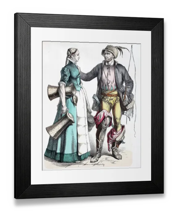 Framed Print : Folk traditional costume, clothing, history of costumes, Nuremberg maid and carter, ca 1565-1595, Germany, Historic, digitally restored reproduction of a 19th century original Framed Print : Folk traditional costume, clothing, history of costumes, Nuremberg maid and carter, ca 1565-1595, Germany, Historic, digitally restored reproduction of a 19th century original