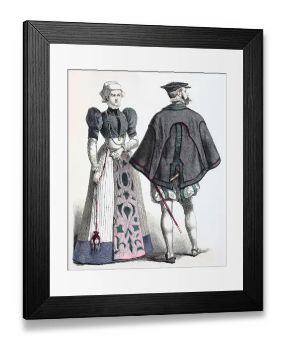 Framed Print : Folk traditional costume, clothing, history of costumes, German bourgeois costume, ca 1565-1595, Germany, historical, digitally restored reproduction of a 19th century original Framed Print : Folk traditional costume, clothing, history of costumes, German bourgeois costume, ca 1565-1595, Germany, historical, digitally restored reproduction of a 19th century original