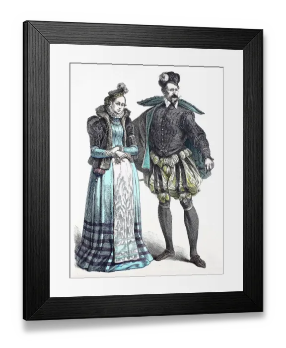 Framed Print : Folk traditional costume, clothing, history of costumes, French noblemen, ca 1565-1595, Germany, Historical, digitally restored reproduction of a 19th century original Framed Print : Folk traditional costume, clothing, history of costumes, French noblemen, ca 1565-1595, Germany, Historical, digitally restored reproduction of a 19th century original