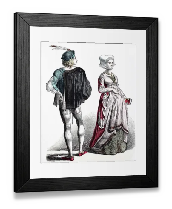 Framed Print : Folk traditional costume, clothing, history of costumes, German patricians, ca 1400-1450, Germany, Historical, digitally restored reproduction of a 19th century original Framed Print : Folk traditional costume, clothing, history of costumes, German patricians, ca 1400-1450, Germany, Historical, digitally restored reproduction of a 19th century original