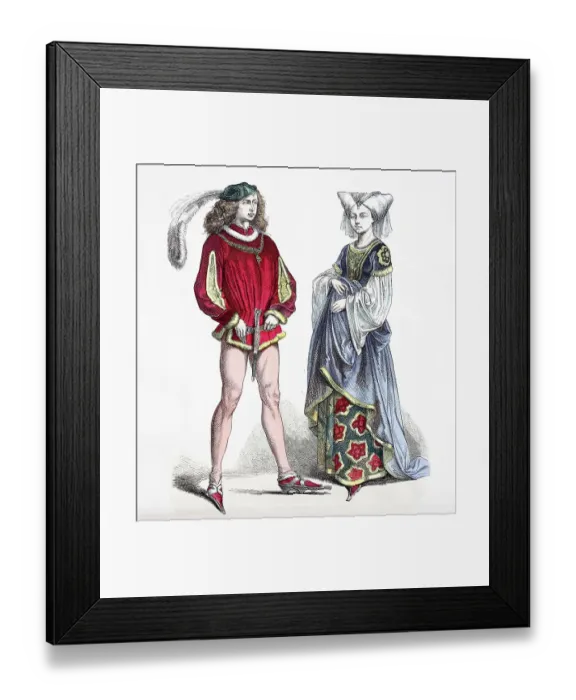 Framed Print : Folk traditional costume, clothing, history of costumes, French costumes, ca 1400-1450, France, historical, digitally restored reproduction of a 19th century original Framed Print : Folk traditional costume, clothing, history of costumes, French costumes, ca 1400-1450, France, historical, digitally restored reproduction of a 19th century original