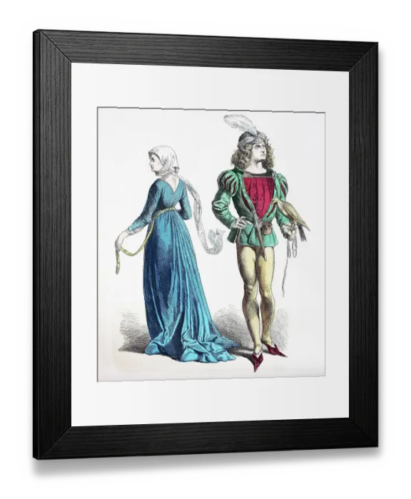 Framed Print : Folk traditional costume, clothing, history of costumes, French costumes, ca 1400-1450, France, historical, digitally restored reproduction of a 19th century original Framed Print : Folk traditional costume, clothing, history of costumes, French costumes, ca 1400-1450, France, historical, digitally restored reproduction of a 19th century original