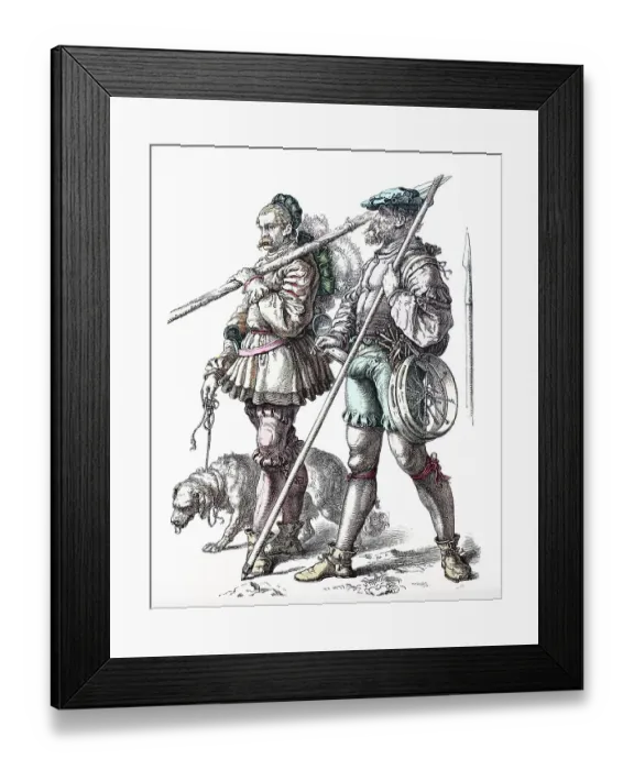 Framed Print : Folk traditional costume, clothing, history of costumes, German mountain hunter with snow hoop, ca 1500-1535, Germany, Historic, digitally restored reproduction of a 19th century original Framed Print : Folk traditional costume, clothing, history of costumes, German mountain hunter with snow hoop, ca 1500-1535, Germany, Historic, digitally restored reproduction of a 19th century original