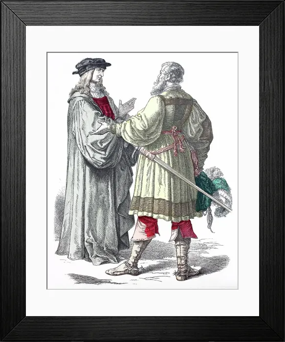 Framed Print : Folk traditional costume, clothing, history of costumes, German magistrate and knight, 1500-1535, Germany, Historical, digitally restored reproduction of a 19th century original Framed Print : Folk traditional costume, clothing, history of costumes, German magistrate and knight, 1500-1535, Germany, Historical, digitally restored reproduction of a 19th century original