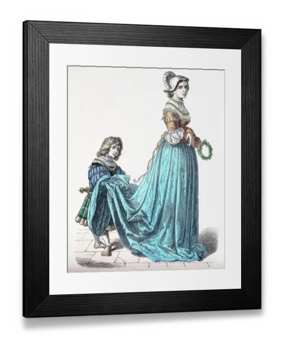 Framed Print : Folk traditional costume, Clothing, History of costumes, French noblewoman and pageboy, 1500-1535, Germany, Historical, digitally restored reproduction of a 19th century original Framed Print : Folk traditional costume, Clothing, History of costumes, French noblewoman and pageboy, 1500-1535, Germany, Historical, digitally restored reproduction of a 19th century original