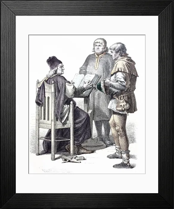 Framed Print : Folk Costume, Clothing, History of Costumes, Judge, Citizen and Peasant, 1450-1500, Germany, Historical, digitally restored reproduction of a 19th century original Framed Print : Folk Costume, Clothing, History of Costumes, Judge, Citizen and Peasant, 1450-1500, Germany, Historical, digitally restored reproduction of a 19th century original