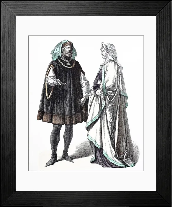 Framed Print : Folk traditional costume, clothing, history of costumes, German patricians, 1450-1500, Germany, historical, digitally restored reproduction of a 19th century original Framed Print : Folk traditional costume, clothing, history of costumes, German patricians, 1450-1500, Germany, historical, digitally restored reproduction of a 19th century original