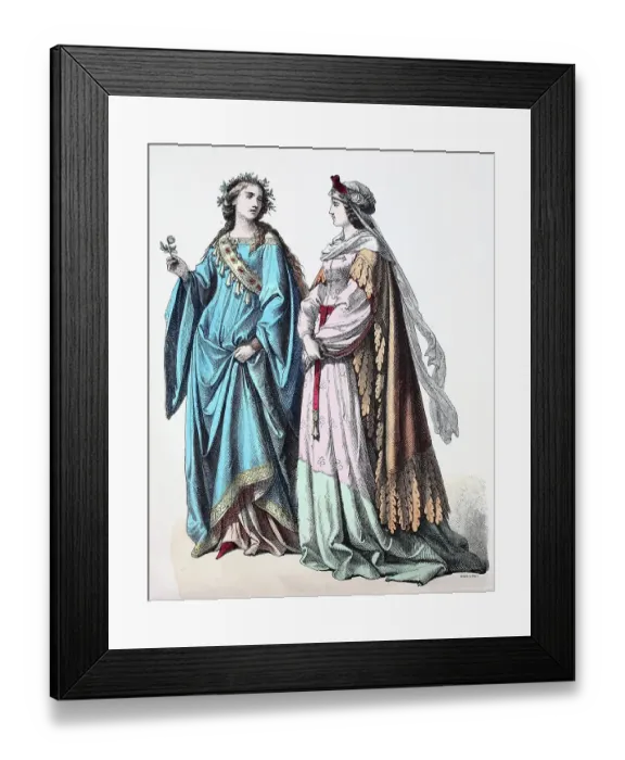 Framed Print : Folk traditional costume, clothing, history of costumes, German court costume, 1450-1500, Germany, historical, digitally restored reproduction of a 19th century original Framed Print : Folk traditional costume, clothing, history of costumes, German court costume, 1450-1500, Germany, historical, digitally restored reproduction of a 19th century original