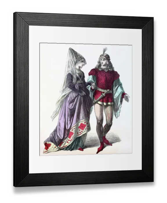 Framed Print : Folk traditional costume, Clothing, History of costumes, Burgundian court costume, France, 1450-1500, Historical, digitally restored reproduction of a 19th century original Framed Print : Folk traditional costume, Clothing, History of costumes, Burgundian court costume, France, 1450-1500, Historical, digitally restored reproduction of a 19th century original
