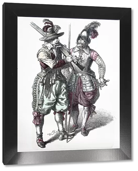 Folk Costume, Clothing, History of Costumes, Musketeer and Pikeman in the Thirty Years War, 1670-1700, Germany, Historical, digitally restored reproduction of a 19th-century original