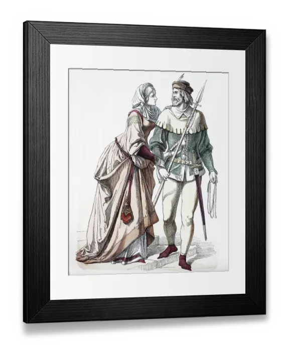 Framed Print : Folk traditional costume, clothing, history of costumes, German castle woman and knight in hunting dress, 1350, Germany, Historical, digitally restored reproduction of a 19th century original