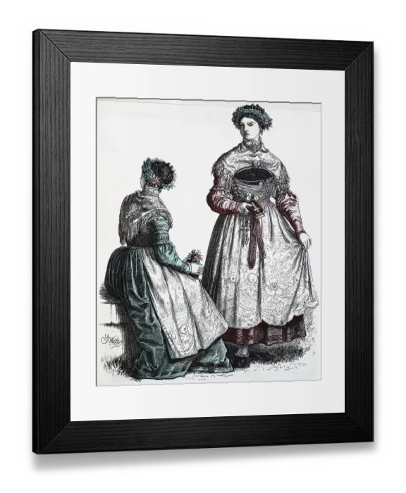 Framed Print : Folk traditional costume, clothing, history of costumes, Bavarian costume, bridesmaids, Germany, Starnberg, 1850, historical, digitally restored reproduction of a 19th century original Framed Print : Folk traditional costume, clothing, history of costumes, Bavarian costume, bridesmaids, Germany, Starnberg, 1850, historical, digitally restored reproduction of a 19th century original