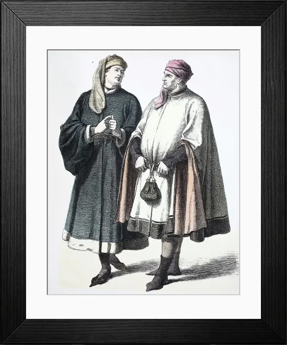 Framed Print : Folk traditional costume, clothing, history of costumes, German patricians, 14th century, Germany, historical, digitally restored reproduction of a 19th century original Framed Print : Folk traditional costume, clothing, history of costumes, German patricians, 14th century, Germany, historical, digitally restored reproduction of a 19th century original
