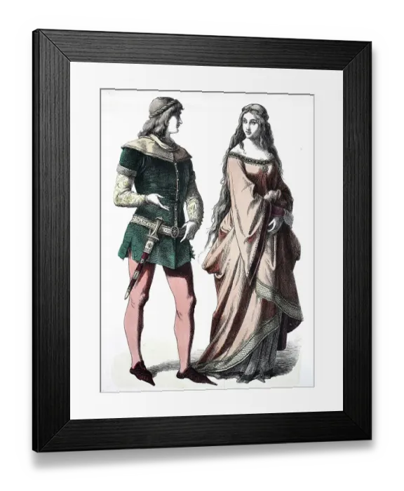Framed Print : Folk traditional costume, clothing, history of costumes, knights and noblewomen, Germany, 14th century, Historical, digitally restored reproduction of a 19th century original Framed Print : Folk traditional costume, clothing, history of costumes, knights and noblewomen, Germany, 14th century, Historical, digitally restored reproduction of a 19th century original
