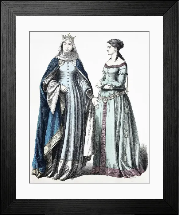 Framed Print : Folk traditional costume, Clothing, History of costumes, Princess and noble lady, Germany, 14th century, Historical, digitally restored reproduction of a 19th century original Framed Print : Folk traditional costume, Clothing, History of costumes, Princess and noble lady, Germany, 14th century, Historical, digitally restored reproduction of a 19th century original