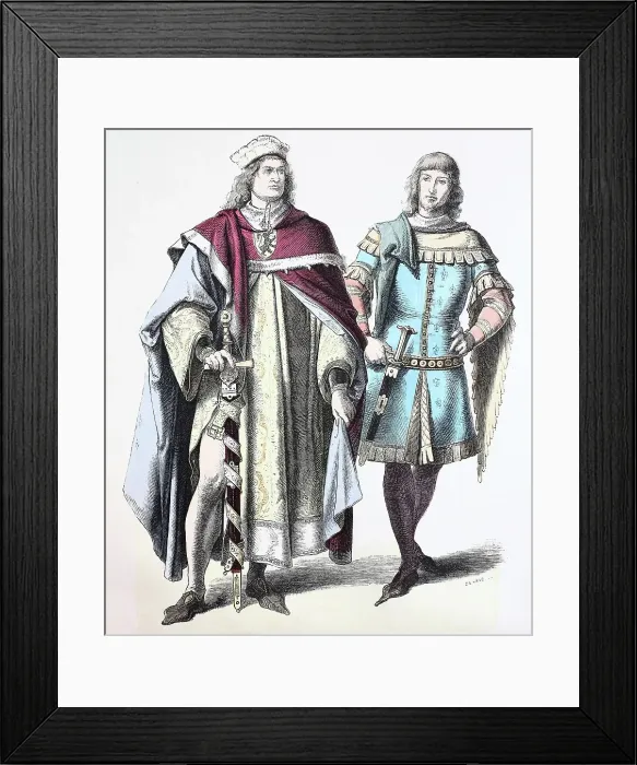 Framed Print : Folk traditional costume, Clothing, History of costumes, Prince and knight, Germany, 14th century, Historical, digitally restored reproduction of a 19th century original Framed Print : Folk traditional costume, Clothing, History of costumes, Prince and knight, Germany, 14th century, Historical, digitally restored reproduction of a 19th century original