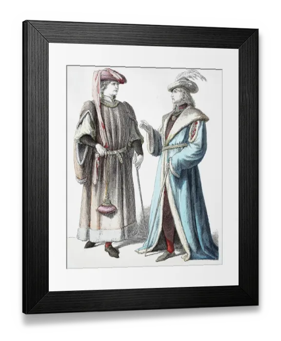 Framed Print : Folk traditional costume, clothing, history of costumes, French noblemen, 1400-1450, France, Historical, digitally restored reproduction of a 19th century original Framed Print : Folk traditional costume, clothing, history of costumes, French noblemen, 1400-1450, France, Historical, digitally restored reproduction of a 19th century original