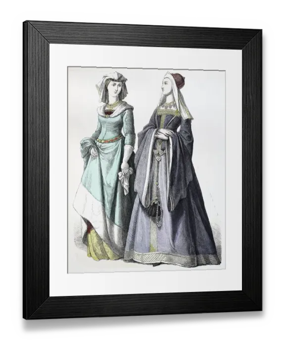Framed Print : Folk traditional costume, clothing, history of costumes, German noble ladies, 1400-1450, Germany, historical, digitally restored reproduction of a 19th century original Framed Print : Folk traditional costume, clothing, history of costumes, German noble ladies, 1400-1450, Germany, historical, digitally restored reproduction of a 19th century original