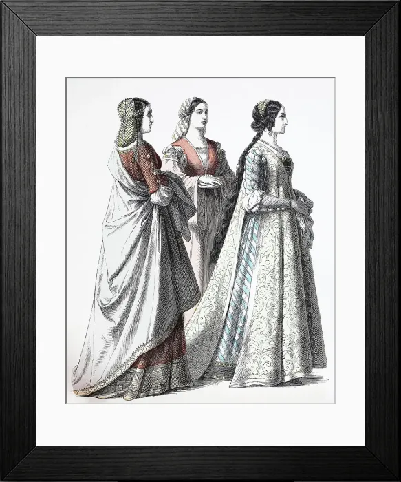 Framed Print : Popular traditional costume, Clothing, History of costumes, Florentine nobles, Florentines, Italy, 1400-1450, Historical, Digitally restored reproduction of a 19th century original Framed Print : Popular traditional costume, Clothing, History of costumes, Florentine nobles, Florentines, Italy, 1400-1450, Historical, Digitally restored reproduction of a 19th century original