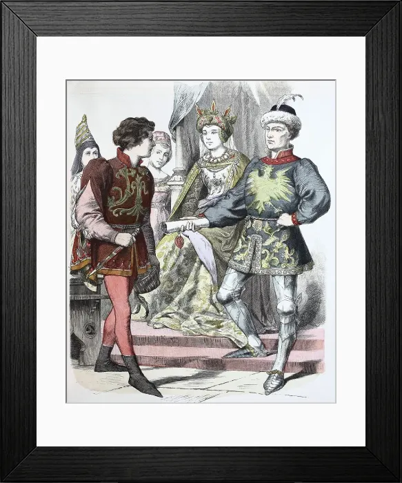 Framed Print : Folk traditional costume, Clothing, History of costumes, Noblemen of Burgundy, France, 1470, Historical, digitally restored reproduction of a 19th century original Framed Print : Folk traditional costume, Clothing, History of costumes, Noblemen of Burgundy, France, 1470, Historical, digitally restored reproduction of a 19th century original