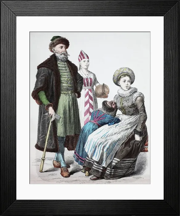 Framed Print : Folk traditional costume, clothing, history of costumes, distinguished Norwegian with woman, woman from the countryside, Norway, 1600-1630, Historic, digitally restored reproduction of a 19th century original