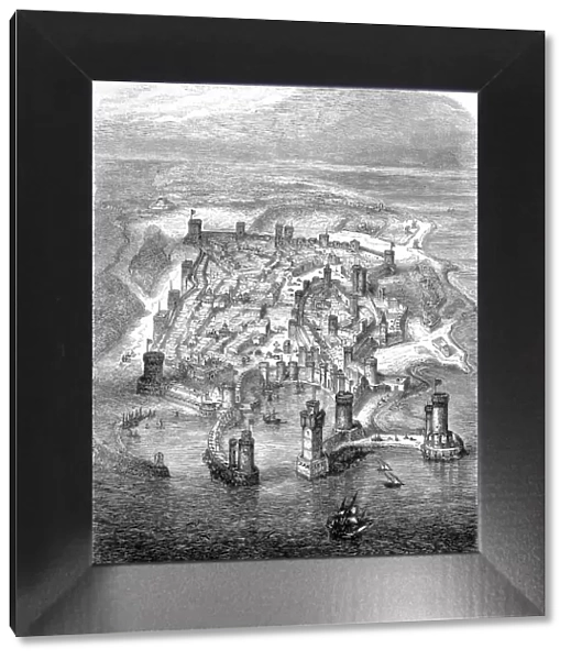 Town and harbour on the island of Rhodes c. 1760, Greece, Historical, digital reproduction of an original 19th-century painting