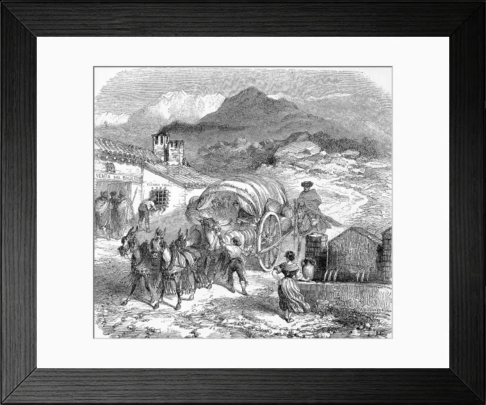Framed Print : A carriage at a post station in the Sierra Nevada, Spain, Historic, digital reproduction of an original 19th-century painting