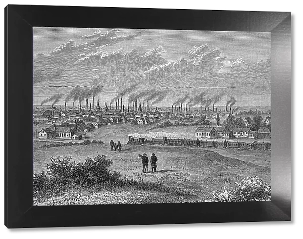 View of the city of Essen, Ruhr area, North Rhine-Westphalia, Germany, in 1881, Historic, digital reproduction of an original 19th-century painting