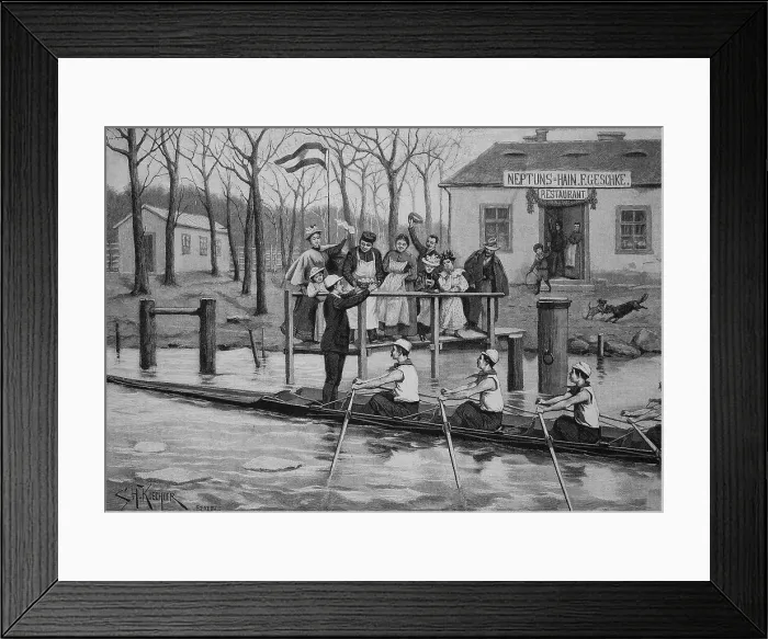 Framed Print : The Egg Tribute on the Upper Spree, in front of such a restaurant near Treptow, to the winning boat of a rowing competition, Germany, Historic, digital reproduction of an original 19th-century template Framed Print : The Egg Tribute on the Upper Spree, in front of such a restaurant near Treptow, to the winning boat of a rowing competition, Germany, Historic, digital reproduction of an original 19th-century template