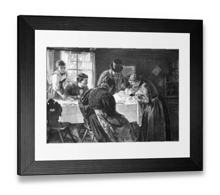 Framed Print : The first-born, Anne Baebi Jowaeger sits at the table with the assembled family and admires her grandchild who was baptised earlier, mother Meyeli and father Jakobli are also in the round, Switzerland, Historical Framed Print : The first-born, Anne Baebi Jowaeger sits at the table with the assembled family and admires her grandchild who was baptised earlier, mother Meyeli and father Jakobli are also in the round, Switzerland, Historical