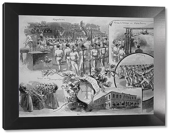 Picture tableau of the fiftieth anniversary of the foundation of the Leipzig General Gymnastics Association, Leipzig, Germany, 1895, Historic, digital reproduction of an original 19th century master copy